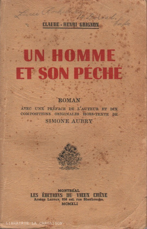 GRIGNON, CLAUDE-HENRI. Un homme et son péché